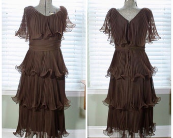 1960s Brown Chiffon Rippled Plisse Dress