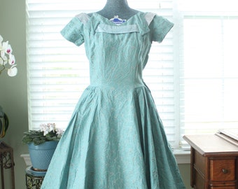 1950S Aqua Brocade Minx Modes Party Robe avec ruban