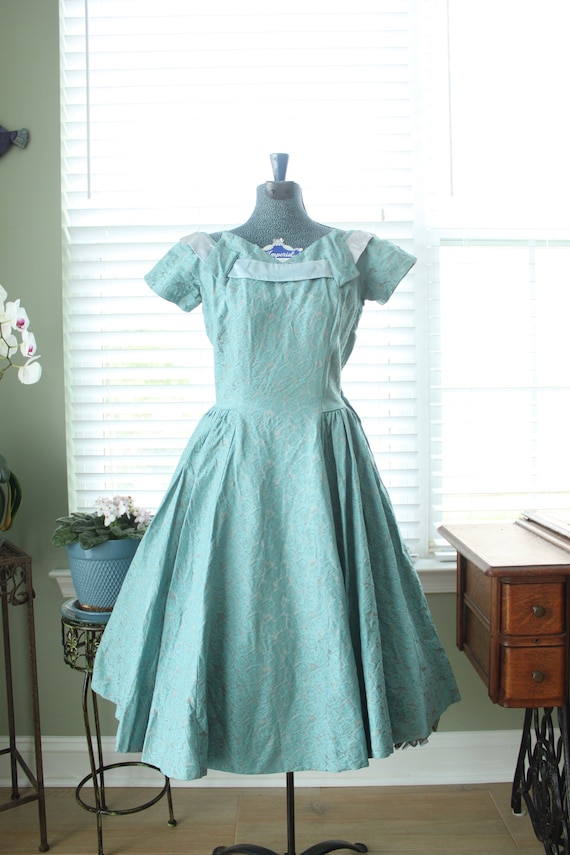 1950s Aqua Brocade Minx Modes Party Dress with Ri… - image 1