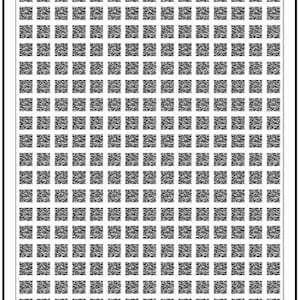 May include: A rectangular sheet featuring a grid of numerous identical black and white square QR codes arranged in uniform rows and columns, enclosed within a thin black border on a plain white background, creating a repetitive geometric pattern.
