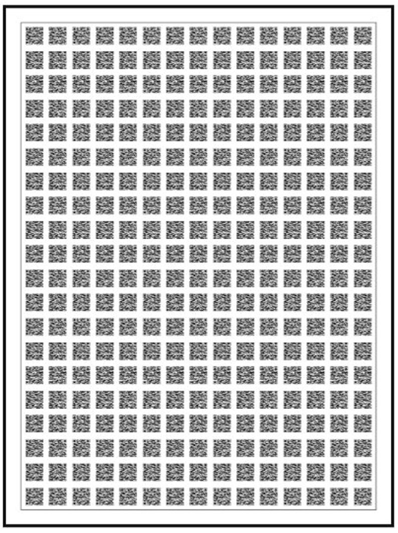 May include: A rectangular sheet featuring a grid of numerous identical black and white square QR codes arranged in uniform rows and columns, enclosed within a thin black border on a plain white background, creating a repetitive geometric pattern.