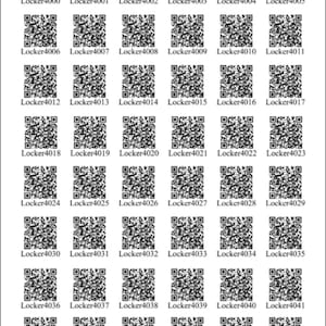 May include: A grid of forty-eight black and white QR codes arranged in eight rows and six columns. Each individual QR code is paired with a unique alphanumeric label starting from Locker4000 and ending sequentially at Locker4047.