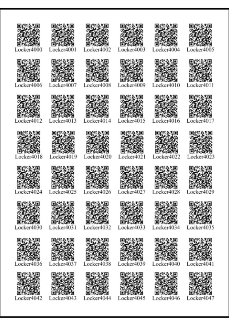May include: A grid of forty-eight black and white QR codes arranged in eight rows and six columns. Each individual QR code is paired with a unique alphanumeric label starting from Locker4000 and ending sequentially at Locker4047.