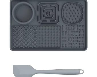 6-in-1 Silicone Pet Licking Mat with Slow Feeder and Drinking Bowl, Heat Resistant, Non-Slip, Food-Grade, with Scraper. Dishwasher Safe