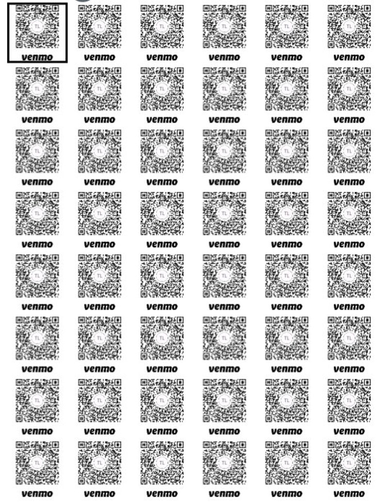 May include: A grid of forty-eight identical black and white square QR codes, each featuring a central circular icon with the letters TL and the word venmo printed in a bold, lowercase sans-serif font directly underneath each individual code.