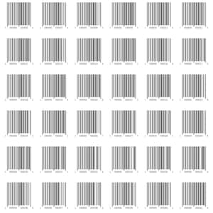 May include: A grid of forty-eight black and white UPC-A barcodes arranged in eight rows and six columns. Each barcode features a unique numerical sequence starting with 1 00000 00000 7 and ending with 1 00000 00047 2, displayed in a standard vertical format.