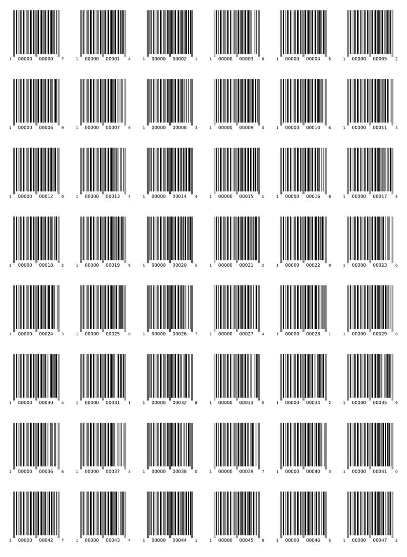 May include: A grid of forty-eight black and white UPC-A barcodes arranged in eight rows and six columns. Each barcode features a unique numerical sequence starting with 1 00000 00000 7 and ending with 1 00000 00047 2, displayed in a standard vertical format.