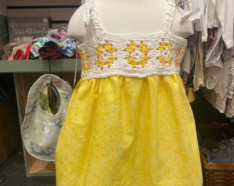 Yellow Baby dress granny square and cotton 12- 18 Months