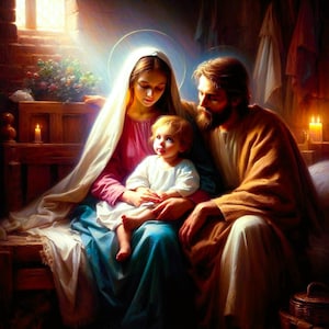 Immagine della Natività in 3D, unica nel suo genere. Gesù Bambino, Maria e Giuseppe, bellissima e calda immagine sacra della famiglia.