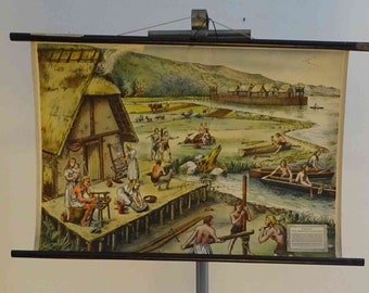 vintage school chart | &quot;Younger Stone Age Village&quot;, 50s rare! - retro vintage, poster, poster, print, canvas , original wall hanging chart