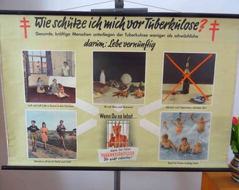 Könnte beinhalten: Ein Vintage-Plakat mit dem Titel "Wie schütze ich mich vor Tuberkulose?" Das Plakat zeigt Illustrationen von gesunden Gewohnheiten, um Tuberkulose vorzubeugen, darunter frische Luft, Obst und Gemüse essen und Sport treiben. Das Plakat zeigt auch einen roten Teufel in einem Käfig mit dem Text "kann der böse TUBERKELBAZILLUS Dir nicht schaden!"