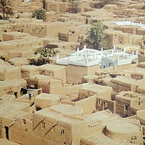 Könnte beinhalten: Eine Luftaufnahme eines traditionellen Lehmzieldorfes in Afrika. Die Gebäude sind eng beieinander und haben flache Dächer. In der Mitte des Dorfes befindet sich eine kleine Moschee mit einem weißen Dach.