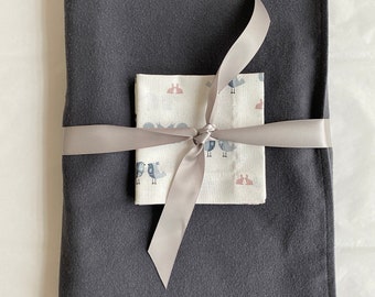 Lovebird cocktail napkins with gray flannel throw