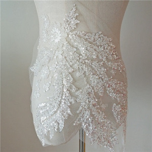 off white beaded sequin Lace applique, big leaf motif embroidered lace appliques for bridal dress dance costume dress sewing accessories