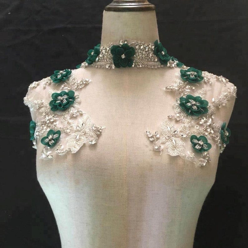 rhinestone sash headband shoulder bodice back appliques for bridal dress accessories New Deluxe 3D green flowers rhinestone lace appliques