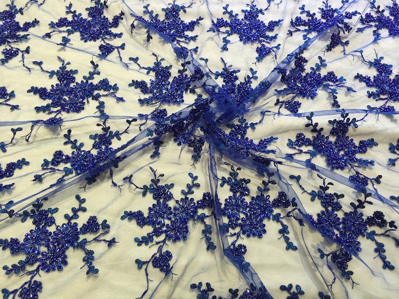 heavy beaded embroidered royal blue lace fabric Embroidered sequins French lace fabric for bridal dress costume garment sewing accessories