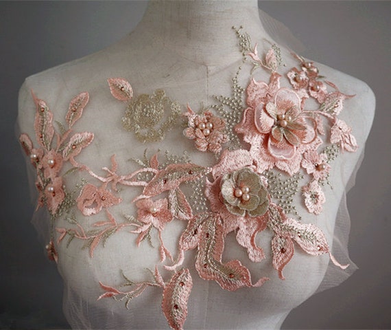 peach and gold Lace 3D flowers appliques coral pink lace appliques for bridal dress girls dance costume dress sewing accessories
