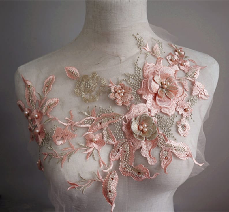 peach and gold Lace 3D flowers appliques coral pink lace appliques for bridal dress girls dance costume dress sewing accessories
