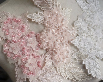 one exquisite 3D florals beaded Lace appliques, bridal dress costume dress sewing accessories