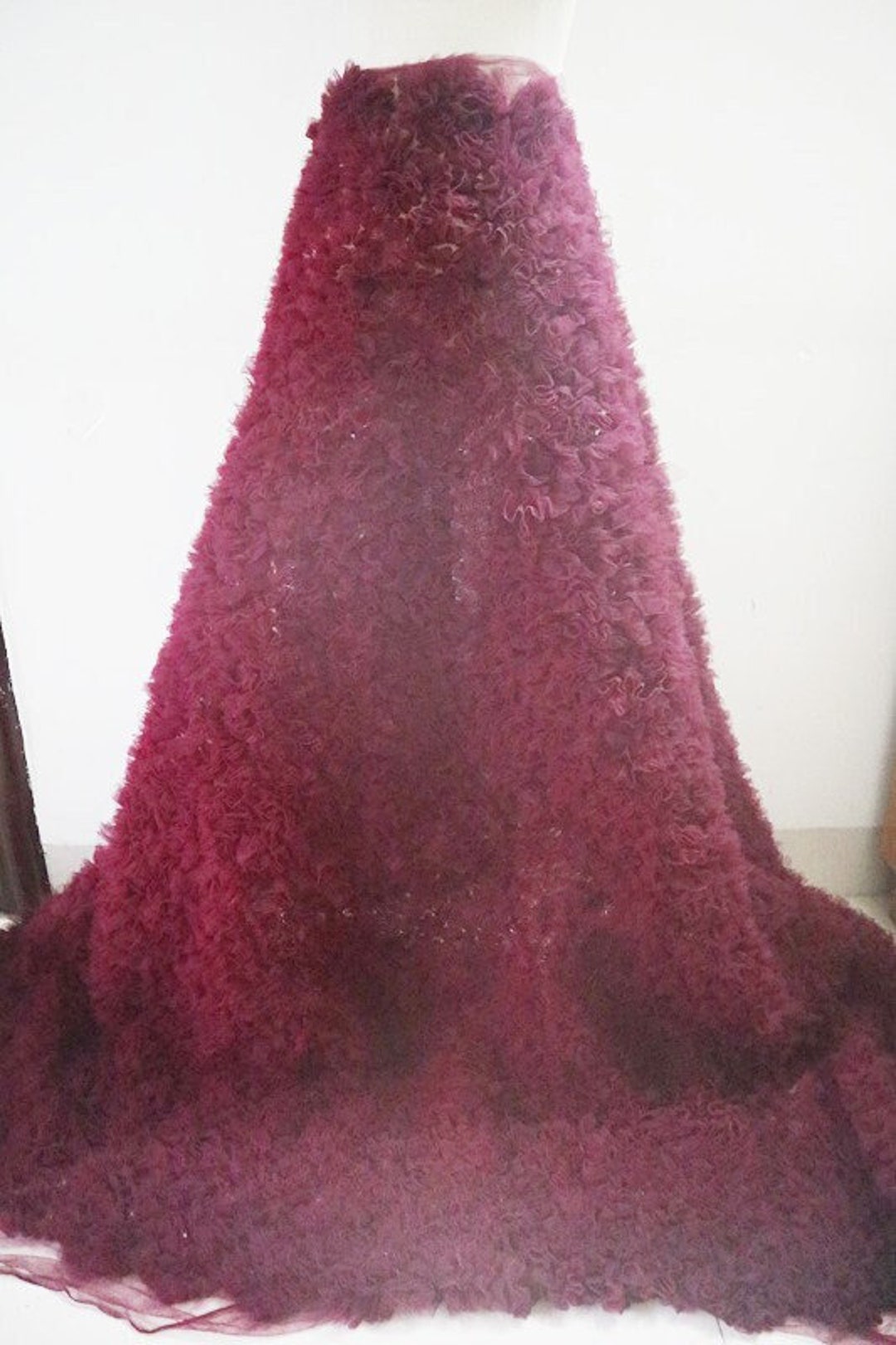 Dark Red Luxury 3D Ruffle Wedding Fabric, 3D Pleated Floral off White ...