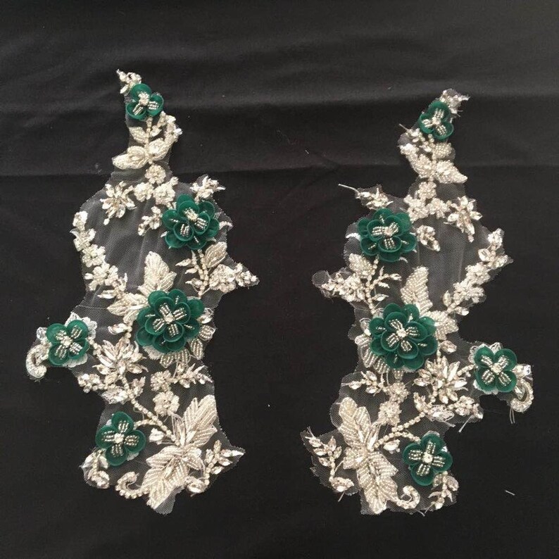 rhinestone sash headband shoulder bodice back appliques for bridal dress accessories New Deluxe 3D green flowers rhinestone lace appliques