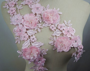 one exquisite baby pink rose pink 3D florals beaded Lace appliques, 37cm * 12 cm pink bridal dress costume dress sewing accessories