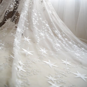 off white embroidered stars lace fabric, beautiful star bridal lace fabric for wedding dress costume dress sewing accessories