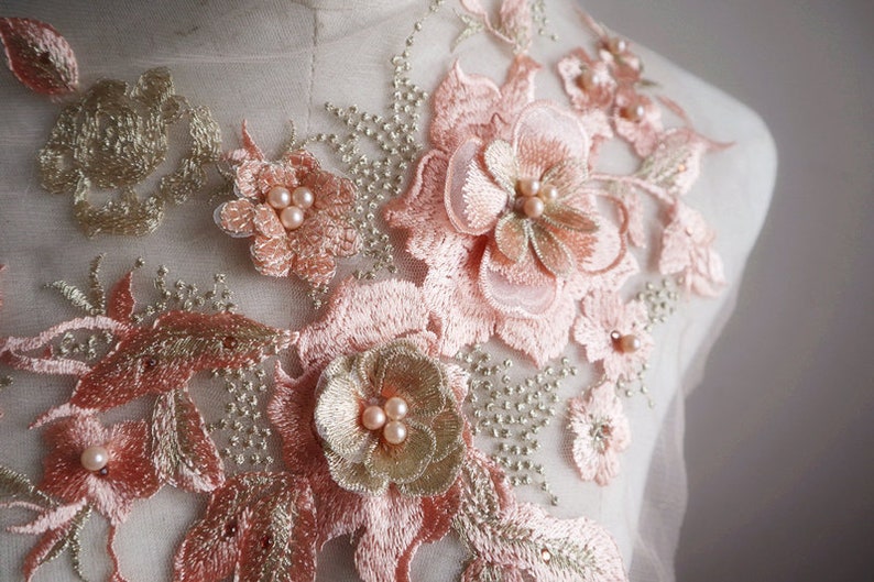 peach and gold Lace 3D flowers appliques coral pink lace appliques for bridal dress girls dance costume dress sewing accessories