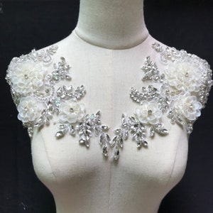 Deluxe 3D flowers rhinestone lace appliques, rhinestone sash headband shoulder bodice back appliques for bridal dress accessories