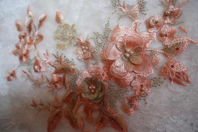 peach and gold Lace 3D flowers appliques coral pink lace appliques for bridal dress girls dance costume dress sewing accessories