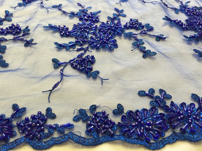 heavy beaded embroidered royal blue lace fabric Embroidered sequins French lace fabric for bridal dress costume garment sewing accessories