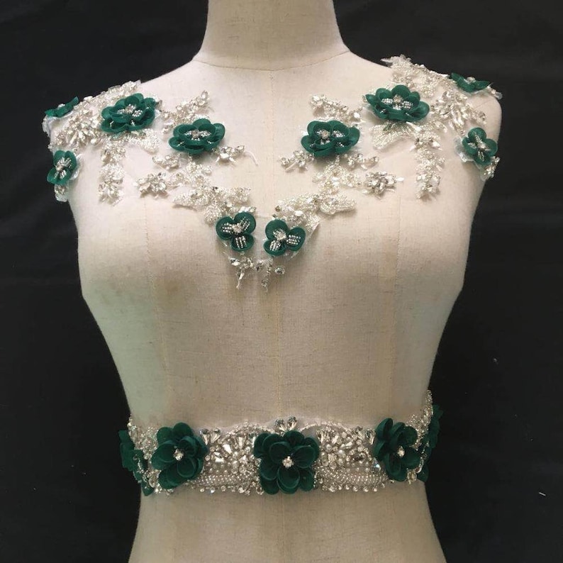 rhinestone sash headband shoulder bodice back appliques for bridal dress accessories New Deluxe 3D green flowers rhinestone lace appliques