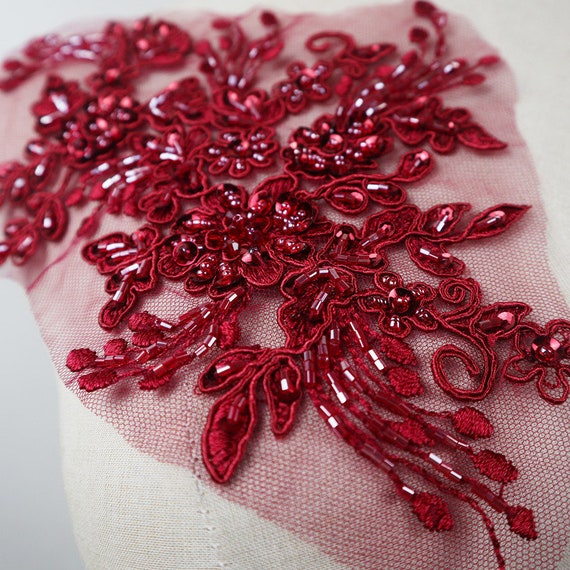Stunning Dark Red Beaded Lace Sewing Applique - OneYard