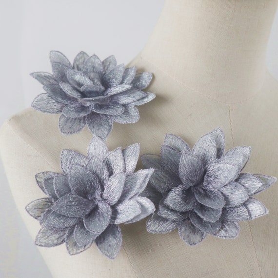 Appliqué Handmade Gray Silver Lace Flowers Set of 4. 3 1/2 inches wide
