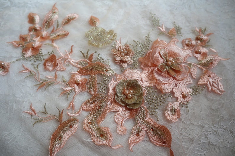peach and gold Lace 3D flowers appliques coral pink lace appliques for bridal dress girls dance costume dress sewing accessories