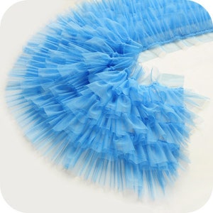 lake blue 3D pleated ruffled trims, 5 layers 3D ruffled girls shirt fabric,  tulle pleated trimming for sewing accessories 35 cm wide