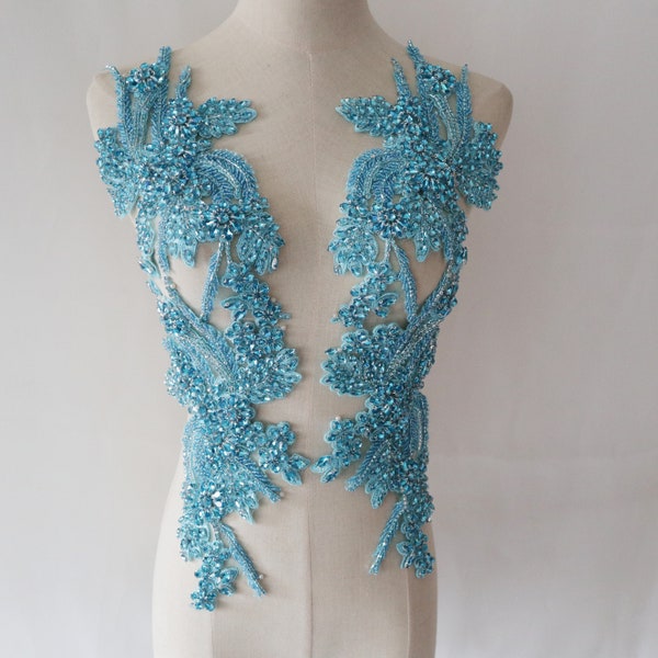 Turquoise blue Deluxe rhinestone beaded lace appliques, rhinestone sash headband shoulder bodice back appliques for bridal dress accessories
