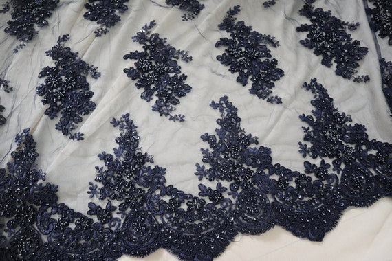Navy beaded clearance lace fabric