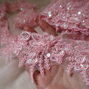 pink beaded cord Lace trim, French pink lace trimming for bridal dress costume dress sewing accessories