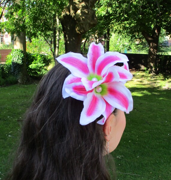 Lily Hair Clip Pink And White Lily Hair Flower Flower Etsy