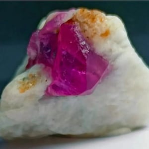 May include: A close-up of a rough, uncut gemstone. The stone features a vibrant, translucent magenta crystal formation embedded in a matrix of white and tan rock. The crystal has sharp, angular facets.