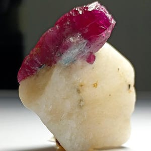 以下が含まれることがあります： 鮮やかな赤色のルビーの原石が、クリーム色の白い石の上に置かれています。ルビーの表面はざらざらとした質感で、滑らかな基部とは対照的です。これは天然の鉱物標本です。