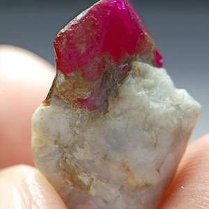 May include: A raw ruby gemstone with a vibrant red, crystalline top and a light gray, textured base. The natural mineral specimen displays a rough, unpolished appearance, showcasing its organic form and color variations.