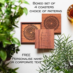 Unique Coaster Set – Customizable boxed 4 Wooden Coasters in 10 Designs, Ideal Gift for Birthdays, Father&#39;s Day, Weddings & Corporate Gifts!