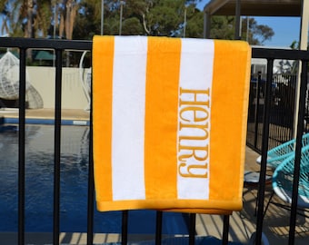 Striped Personalised Embroidered Beach Towels, named beach towels, personalised towels.