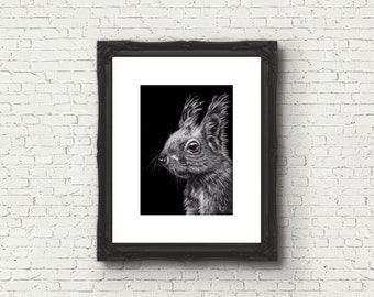 Squirrel Art Print, 5x7 Print on 8x10 Archival Smooth Matte Paper, Black and White Wall Art, Scratchboard Art, Fine Art Print, Squirrel Art