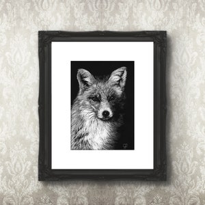 Fox Art Print, 5x7 Print on 8x10 Archival Smooth Matte Paper, Black and White Wall Art, Scratchboard Art, Fine Art Print, Fox Art
