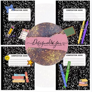 Könnte beinhalten: Vier druckbare Hefte mit schwarzen und weißen gesprenkelten Hintergründen. Jedes Design zeigt ein anderes Schulmaterial, wie einen Bleistift, einen Stern, einen Stapel Bücher und einen Stift. Der Text "COMPOSITION BOOK" befindet sich oben auf jedem Design.
