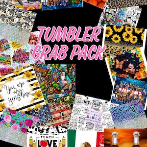 May include: A collage of images for tumbler designs. The images include a variety of themes, such as sports, education, faith, and culture. The text "TUMBLER GRAB PACK" is displayed in pink letters.