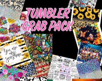 May include: A collage of images for tumbler designs. The images include a variety of themes, such as sports, education, faith, and culture. The text "TUMBLER GRAB PACK" is displayed in pink letters.